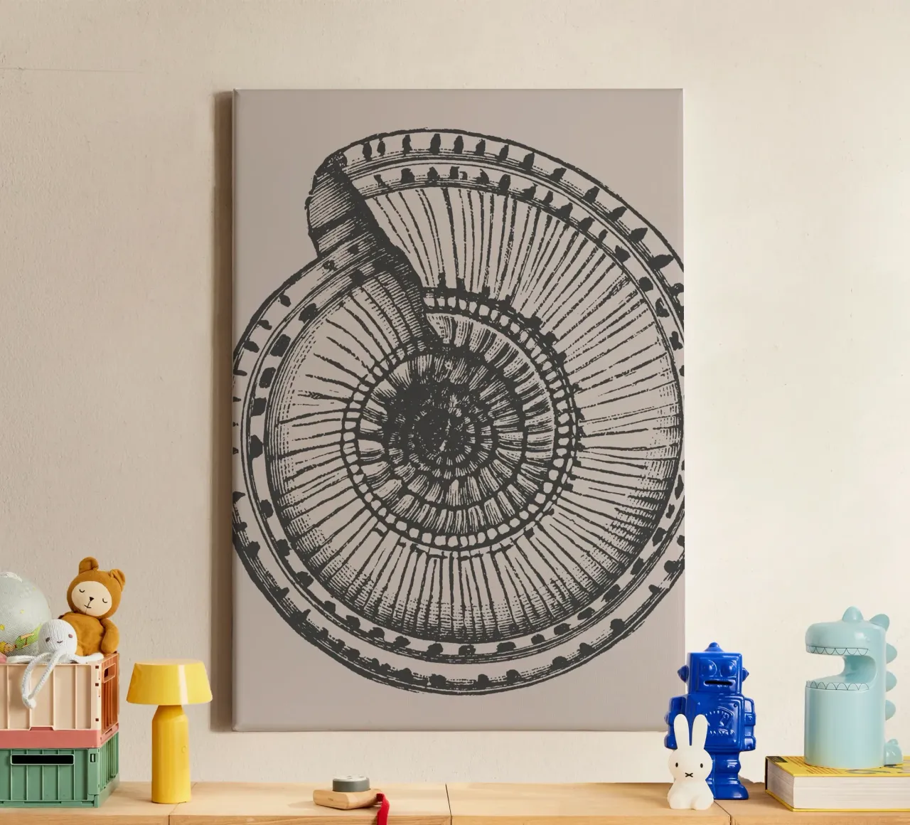 Stampa dettagliata di un fossile di ammonite - Toni terrosi, Ar... tela con Cornice a cassetta da ClubArt