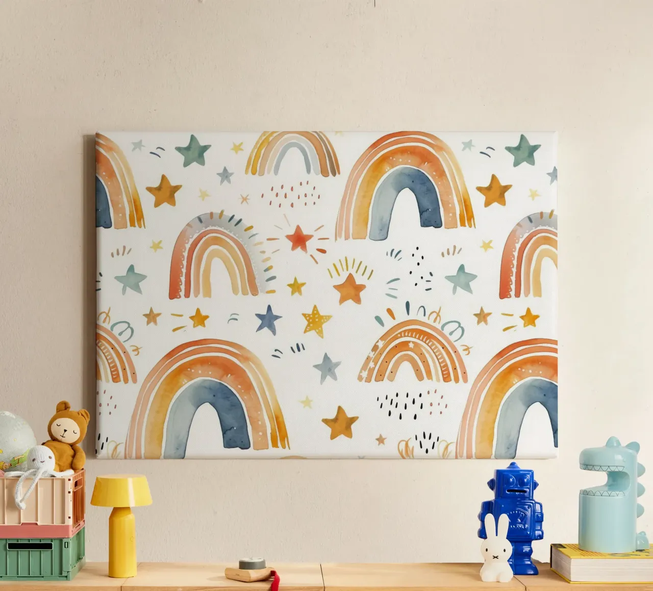 Grillige Regenboog & Sterren Print - Kinderkamer Kunst, Boho Dec canvas met Baklijst van ClubArt
