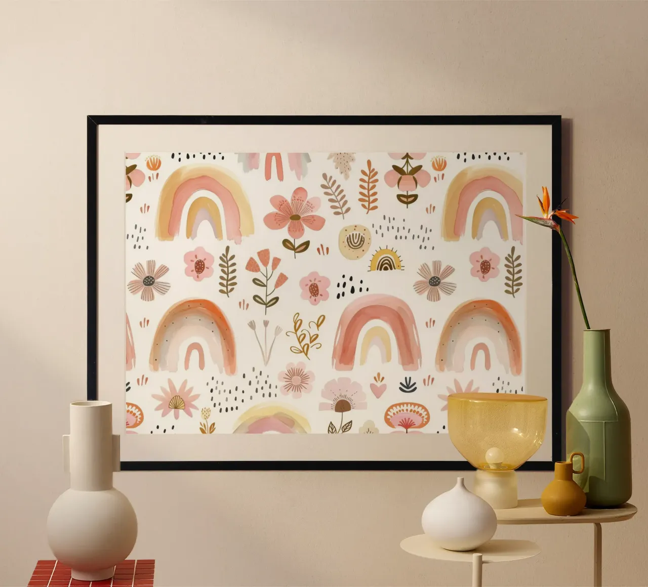 Arcobaleno e stampa floreale rosa bohémien - Decorazioni per la camera dei bambini, nursery poster da ClubArt