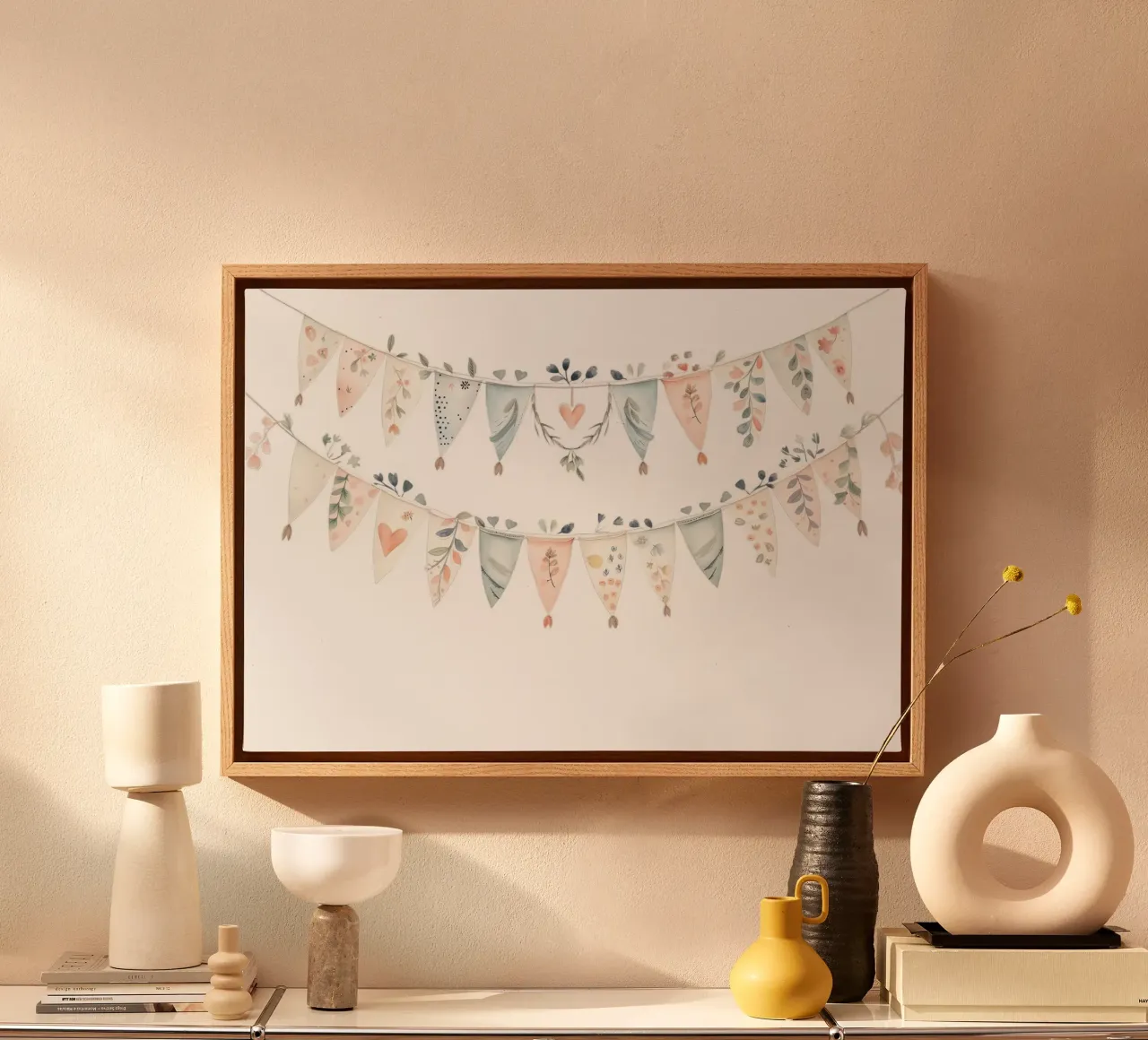 Boho Bunting Girlande Aquarell - Kinderzimmer Dekoration, Feiern Leinwand mit Schattenfugenrahmen von ClubArt