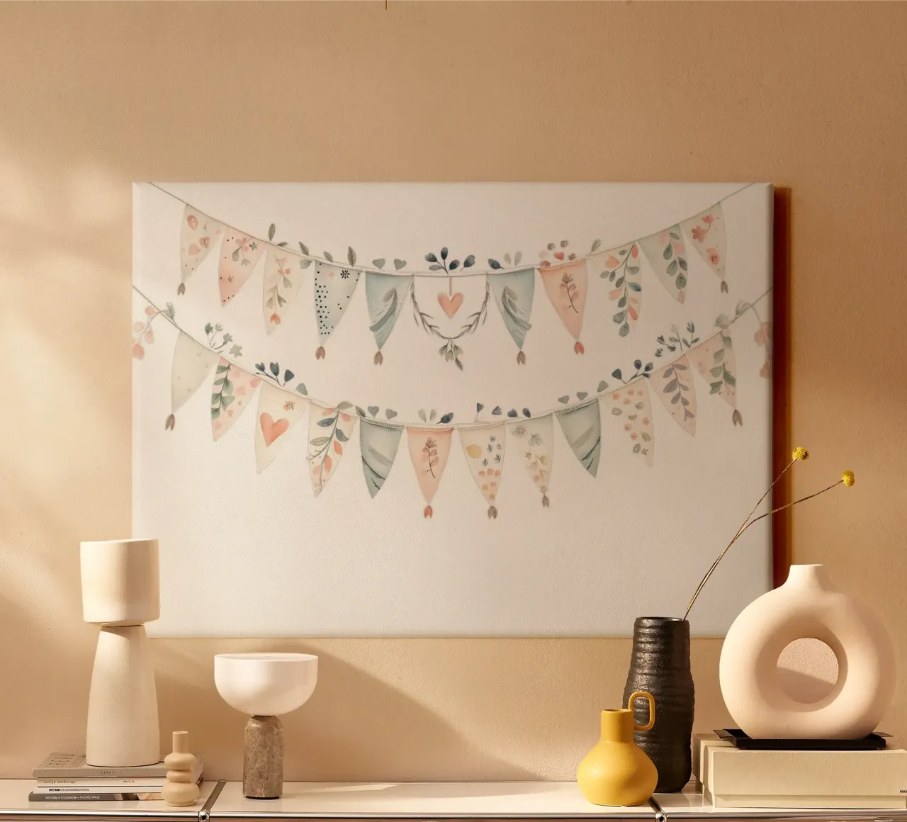 Boho Bunting Girlande Aquarell - Kinderzimmer Dekoration, Feiern Leinwand mit Schattenfugenrahmen von ClubArt