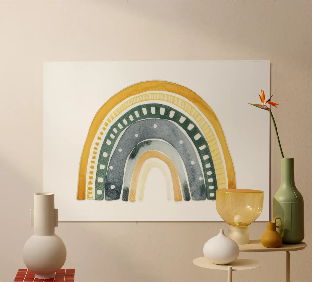 Earthy Boho Rainbow Art - Décoration de chambre d'enfant jaune moutarde et vert hahnemühle de ClubArt