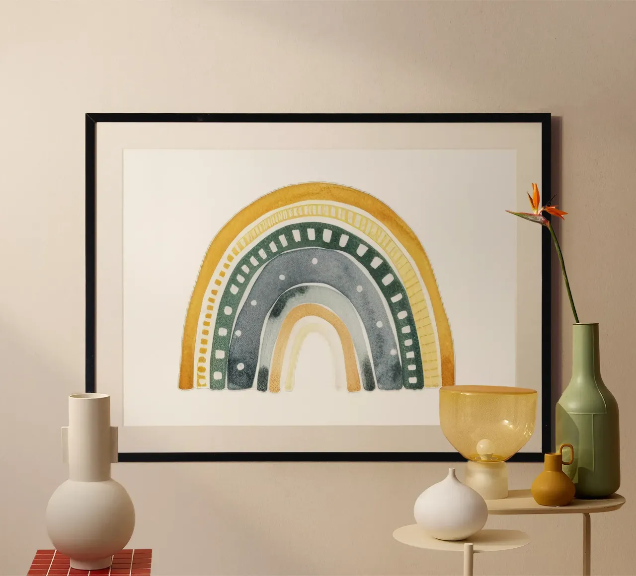 Earthy Boho Rainbow Art - Décoration de chambre d'enfant jaune moutarde et vert hahnemühle de ClubArt