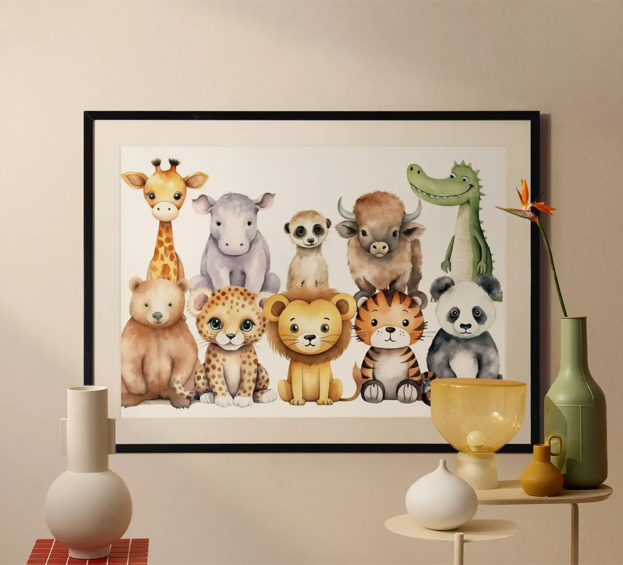 Set di acquerelli di animali safari di grandi dimensioni - Arte per l'asilo nido, giungla poster con telaio in alluminio da ClubArt