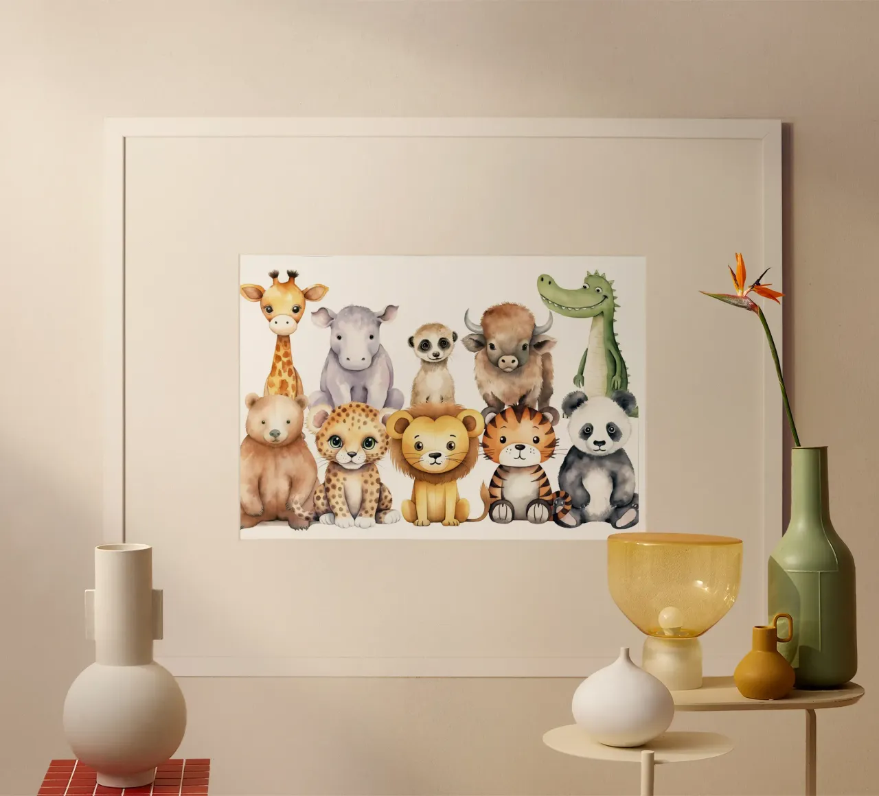 Set di acquerelli di animali safari di grandi dimensioni - Arte per l'asilo nido, giungla poster con telaio in alluminio da ClubArt