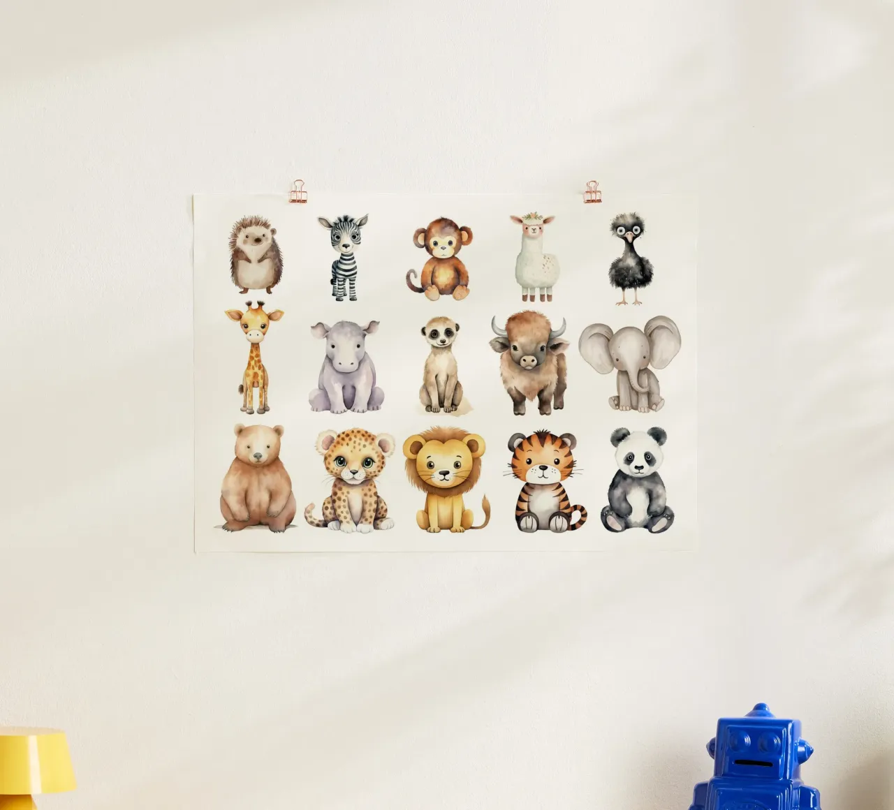 Enorme Safari y Bosque Animales Acuarela Set - Nursery Art poster con marco de madera de ClubArt