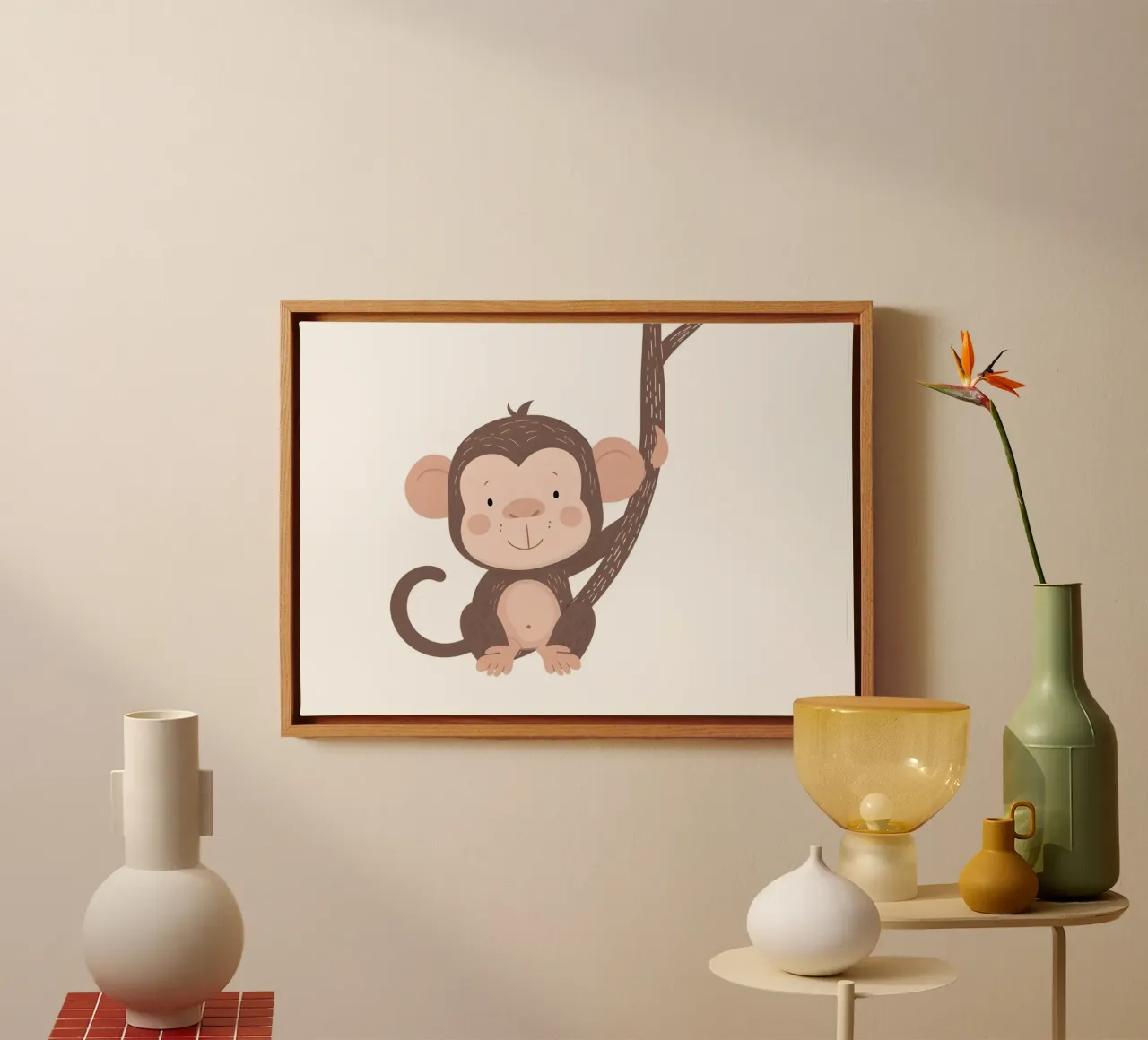 Cute Monkey on Branch Art Print - Nursery Decor, Jungle Play canvas with Floater frame by ClubArt