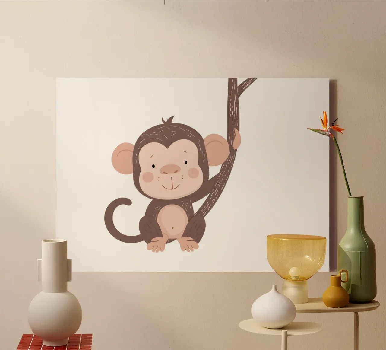 Cute Monkey on Branch Art Print - Nursery Decor, Jungle Play canvas with Floater frame by ClubArt