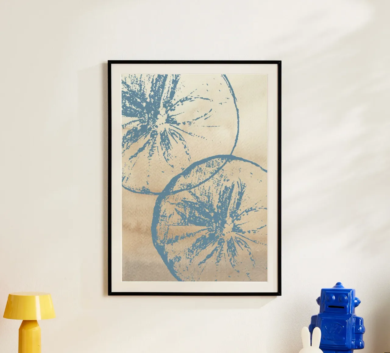 Abstract Citrus Slice Print - Blue & Beige, Modern Botanical poster with aluminum frame by ClubArt