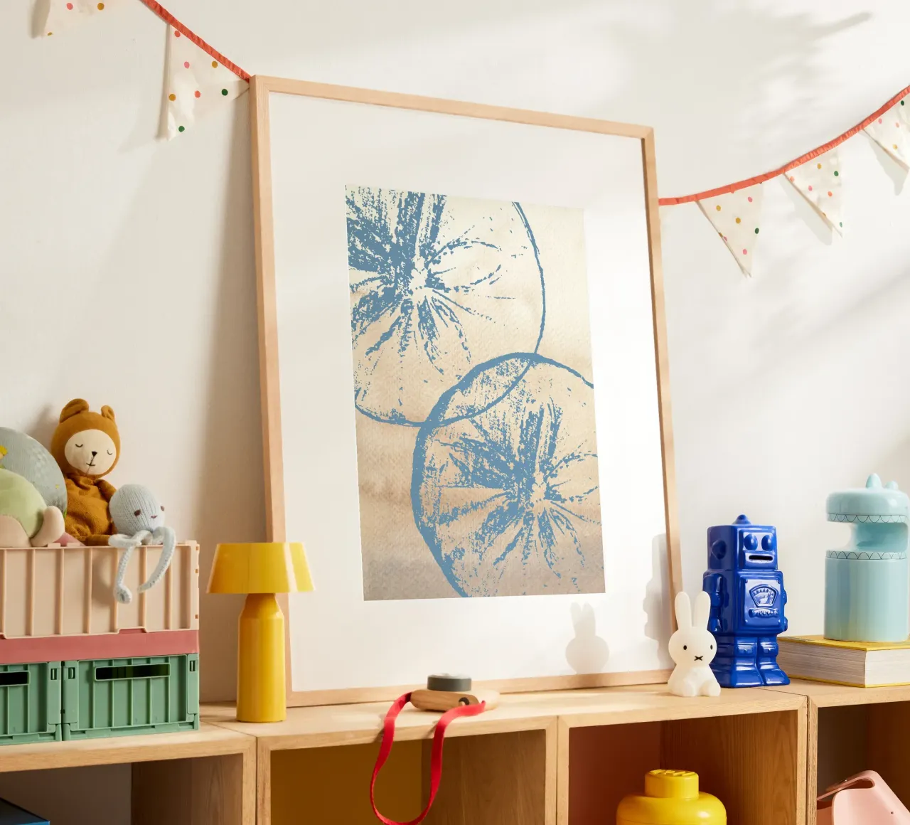 Abstract Citrus Slice Print - Blue & Beige, Modern Botanical poster with aluminum frame by ClubArt