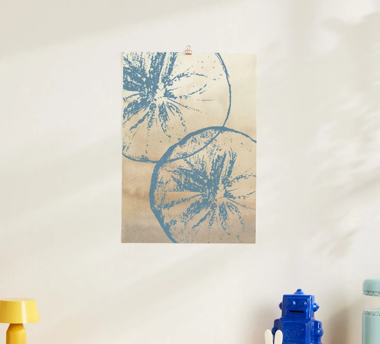 Abstract Citrus Slice Print - Blue & Beige, Modern Botanical poster with aluminum frame by ClubArt