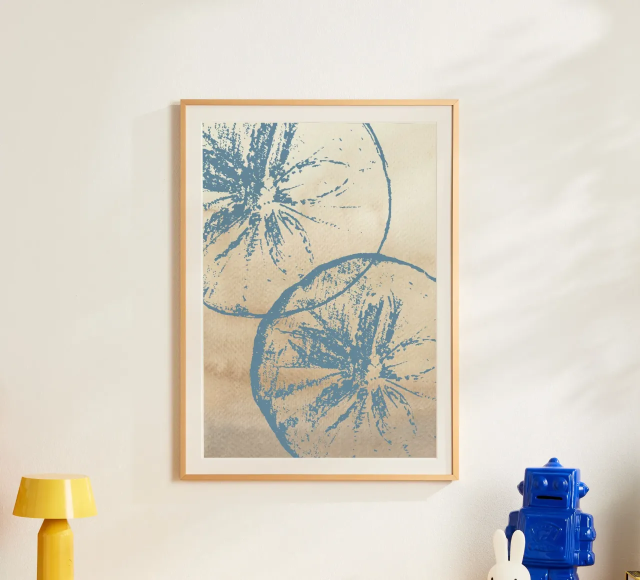 Abstract Citrus Slice Print - Blue & Beige, Modern Botanical poster with aluminum frame by ClubArt
