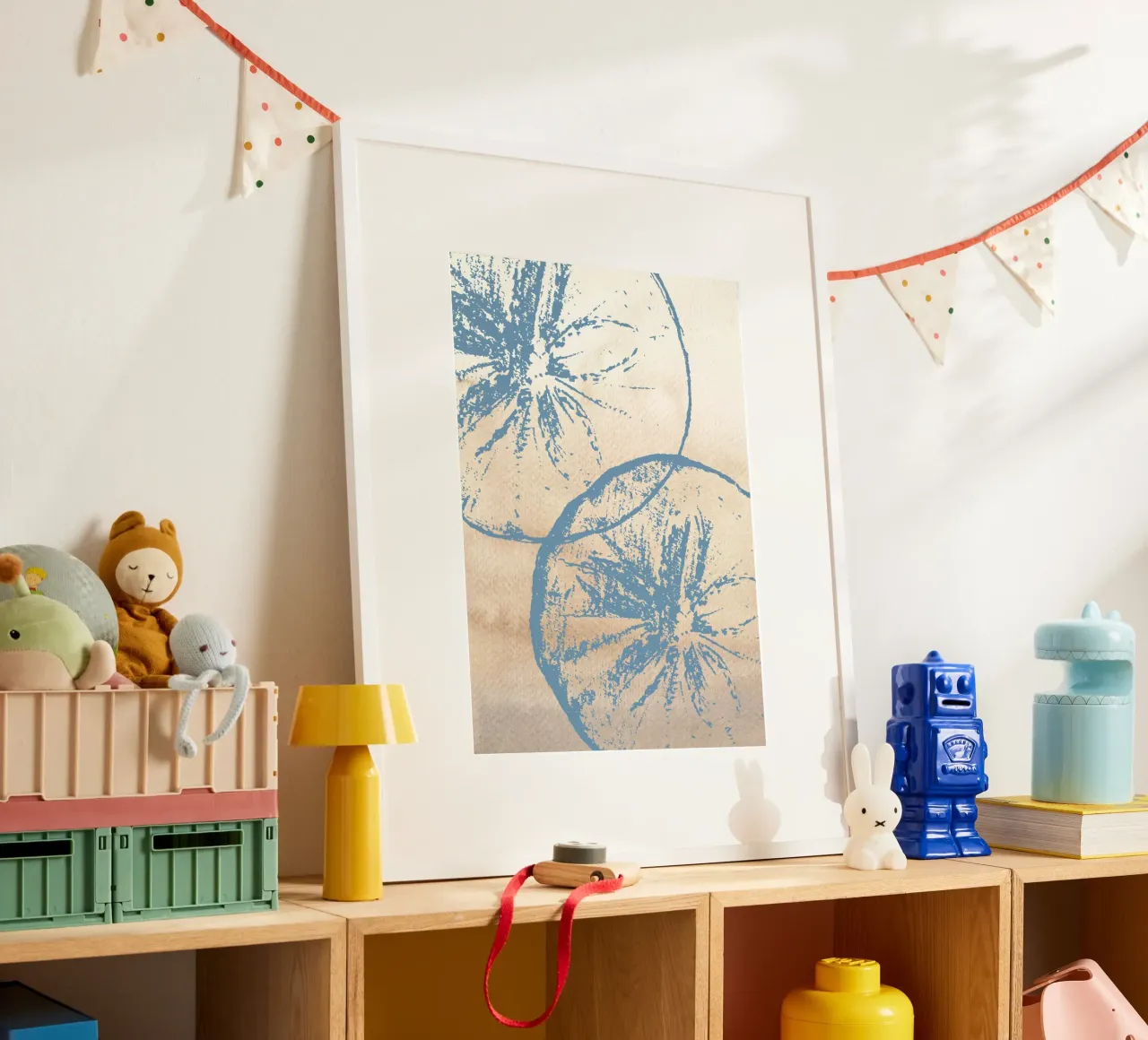 Abstract Citrus Slice Print - Blue & Beige, Modern Botanical poster with aluminum frame by ClubArt