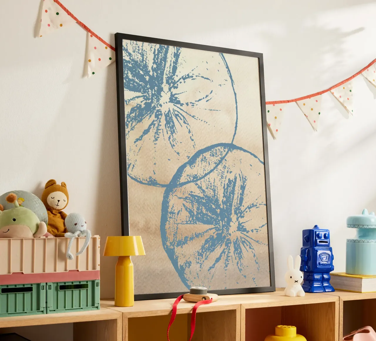 Abstract Citrus Slice Print - Blue & Beige, Modern Botanical poster with aluminum frame by ClubArt