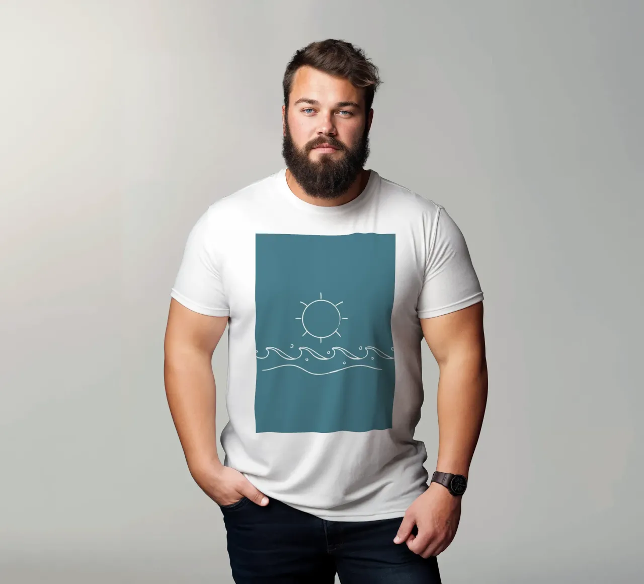 Sun & Waves Line Art Print - Coastal Minimalist, Ocean Decor t-shirt by ClubArt