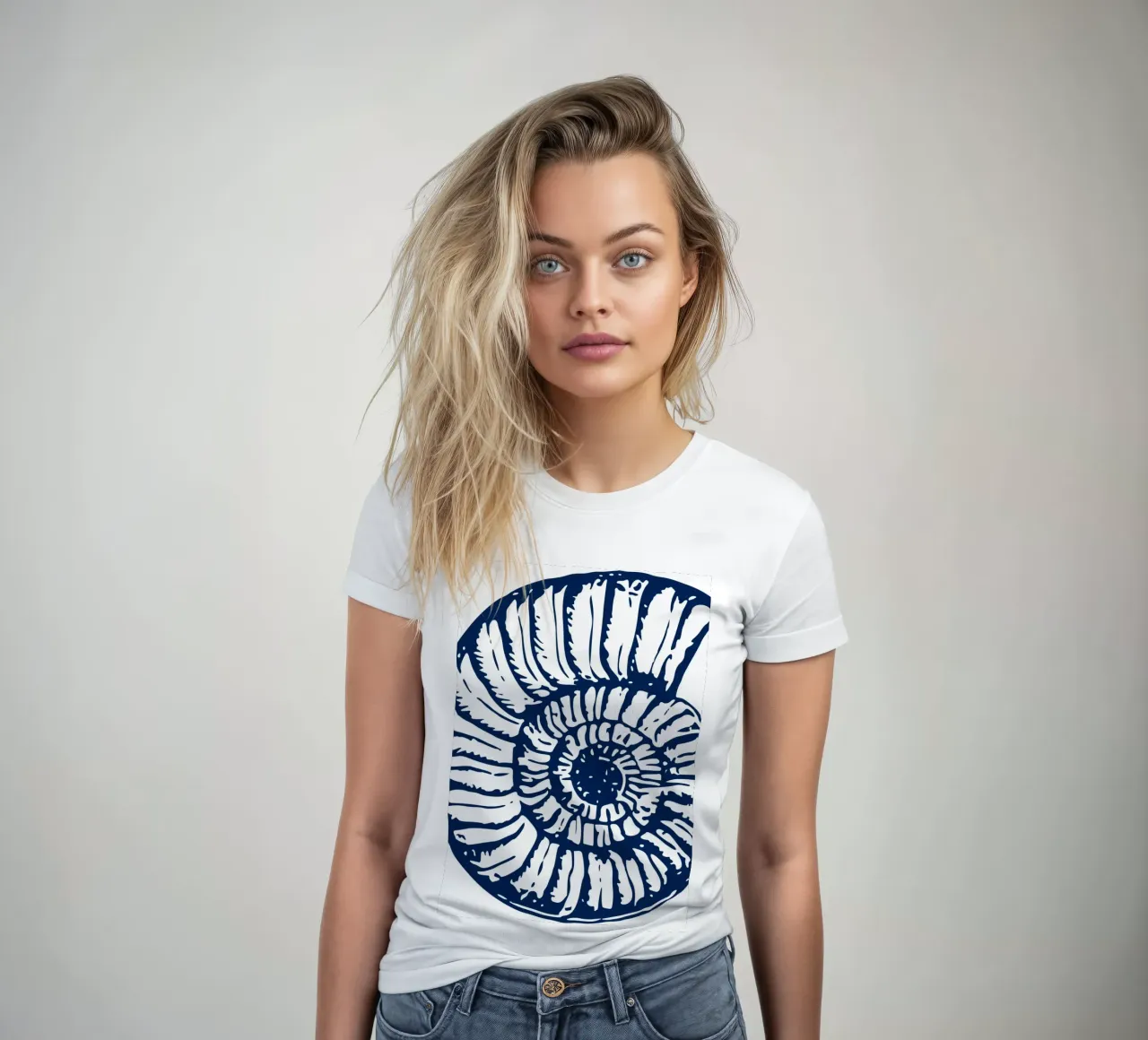 Ammonite Fossil Print - Nautical Blue, Ancient Ocean Art women's fitted t-shirt by ClubArt