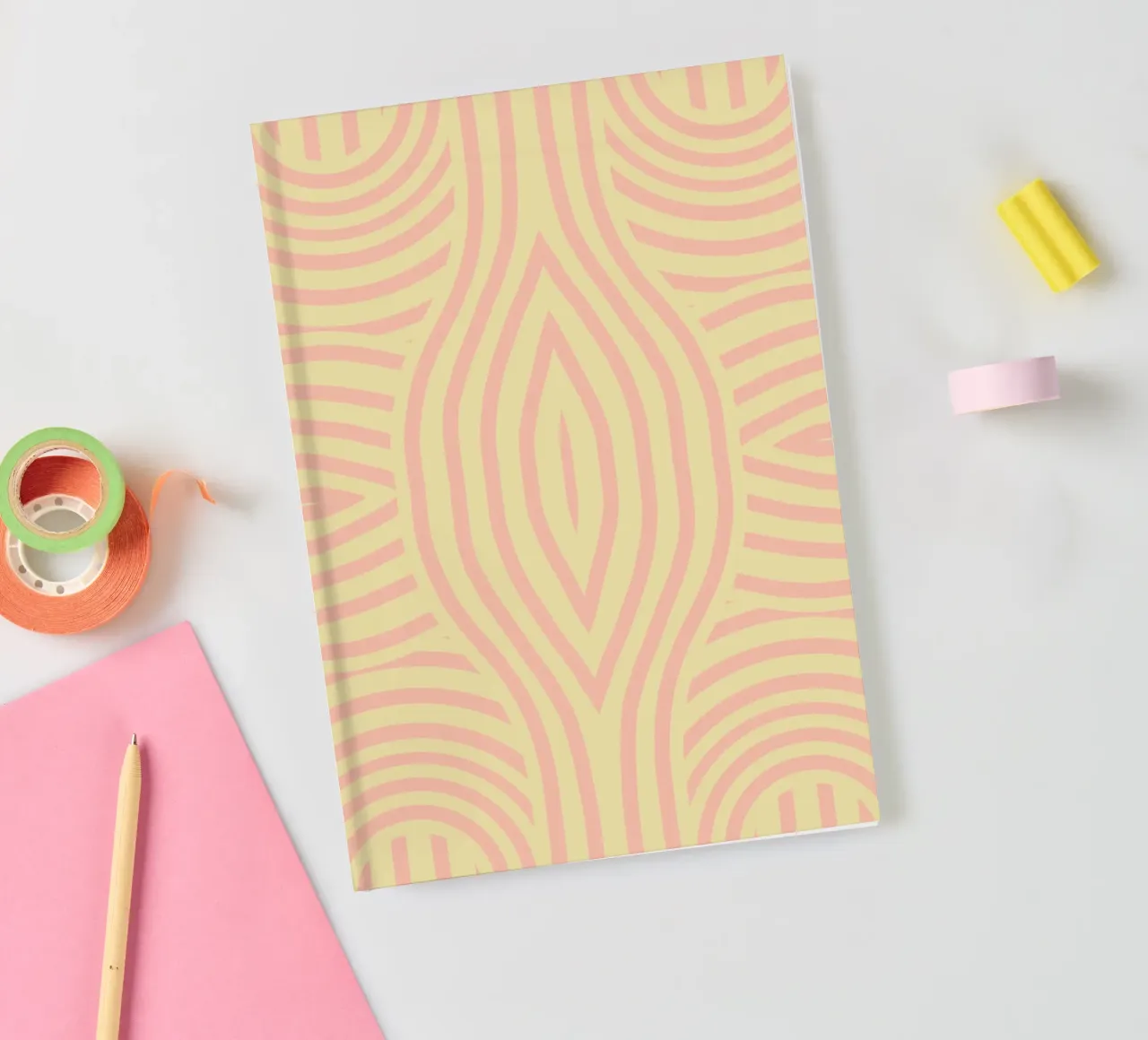 Symmetrical yellow and pink abstract stripe notebook by Little Dean
