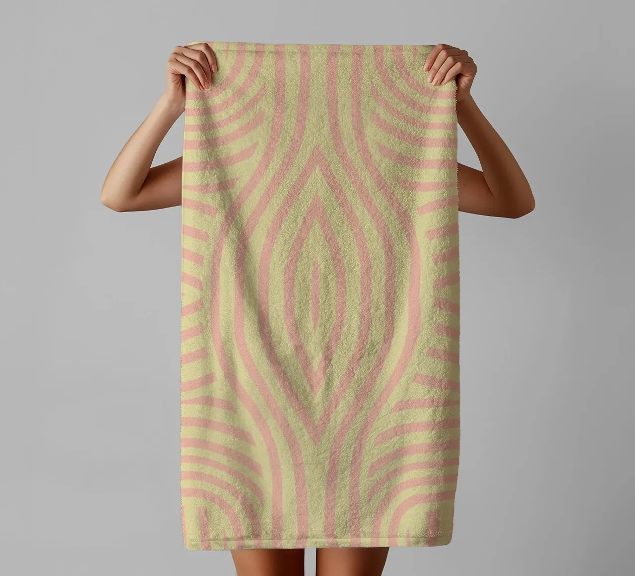 Symmetrical yellow and pink abstract stripe towel by Little Dean