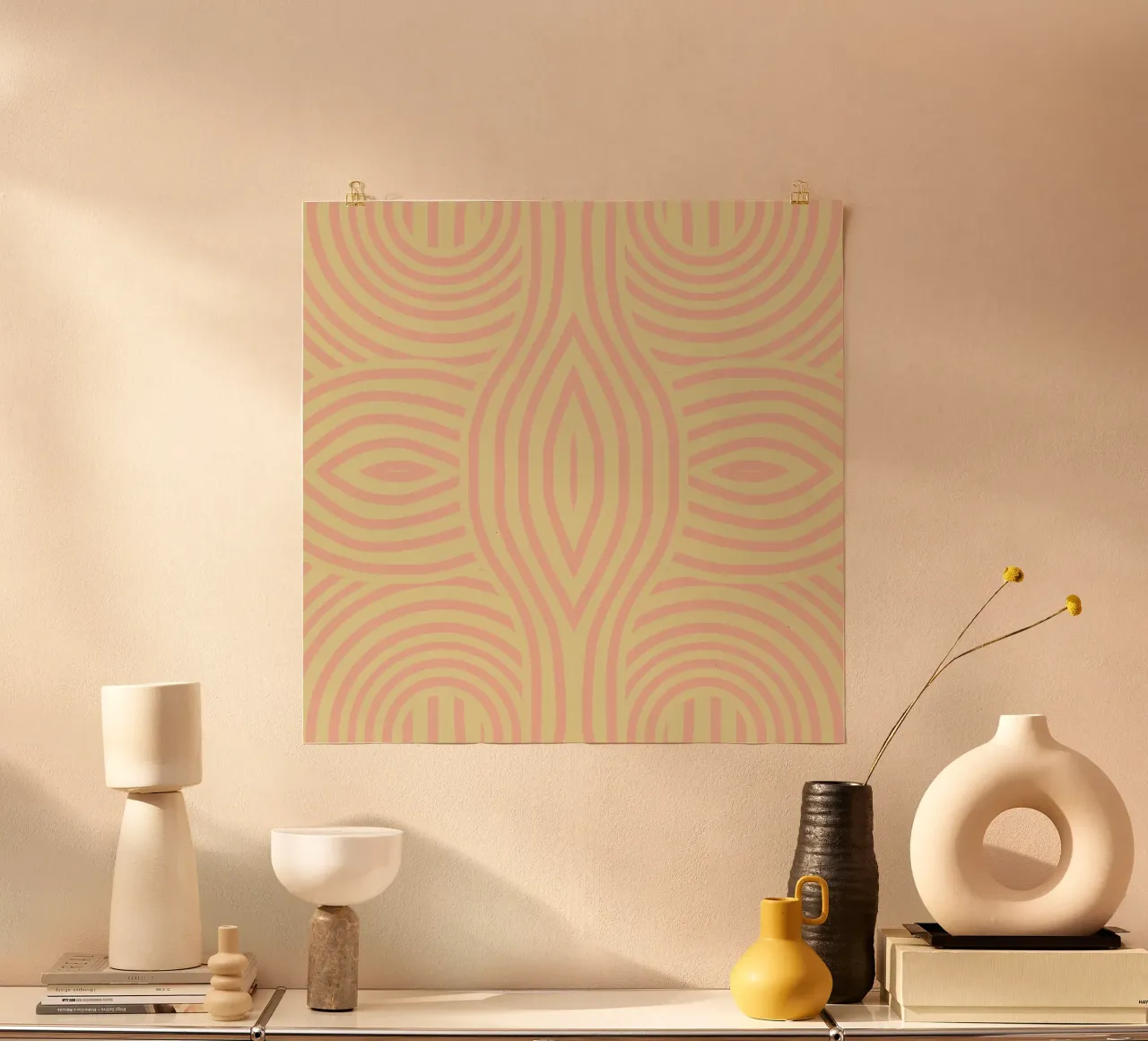 Symmetrical yellow and pink abstract stripe hahnemühle by Little Dean