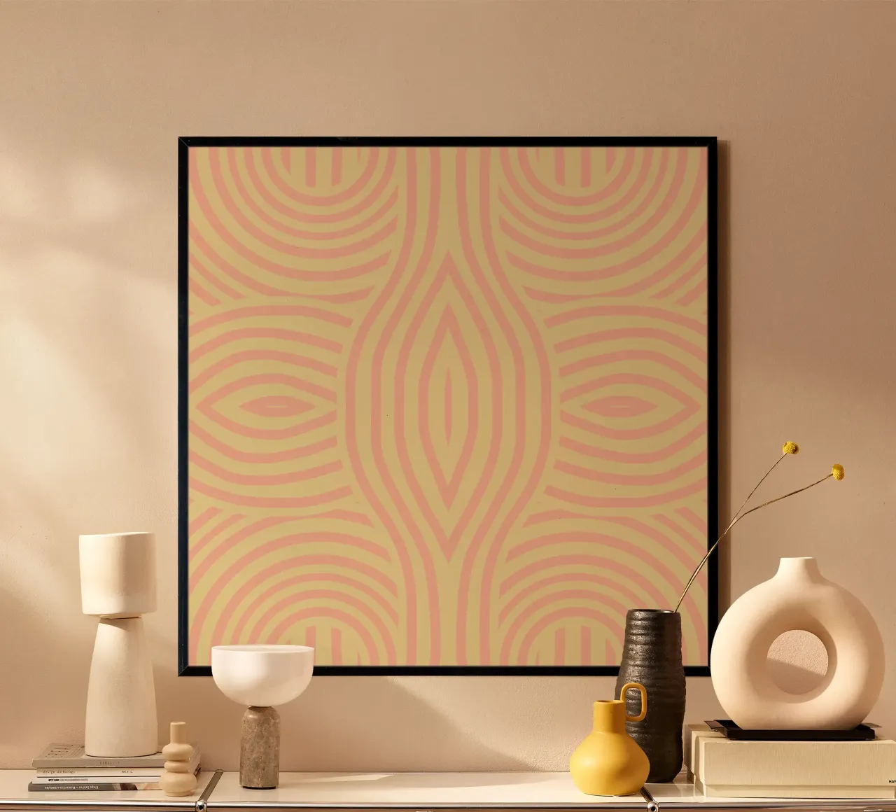 Symmetrical yellow and pink abstract stripe hahnemühle by Little Dean