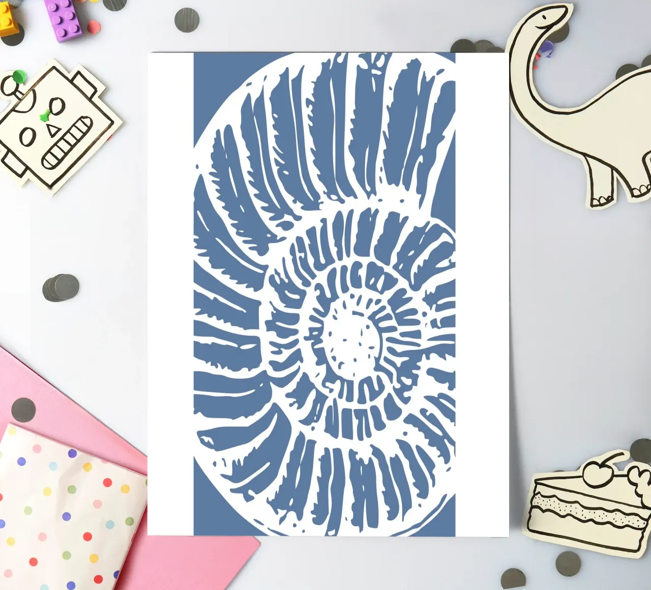 Fossile d'ammonite imprimé - Bleu côtier, art de l'océan ancien planche autocollant de ClubArt