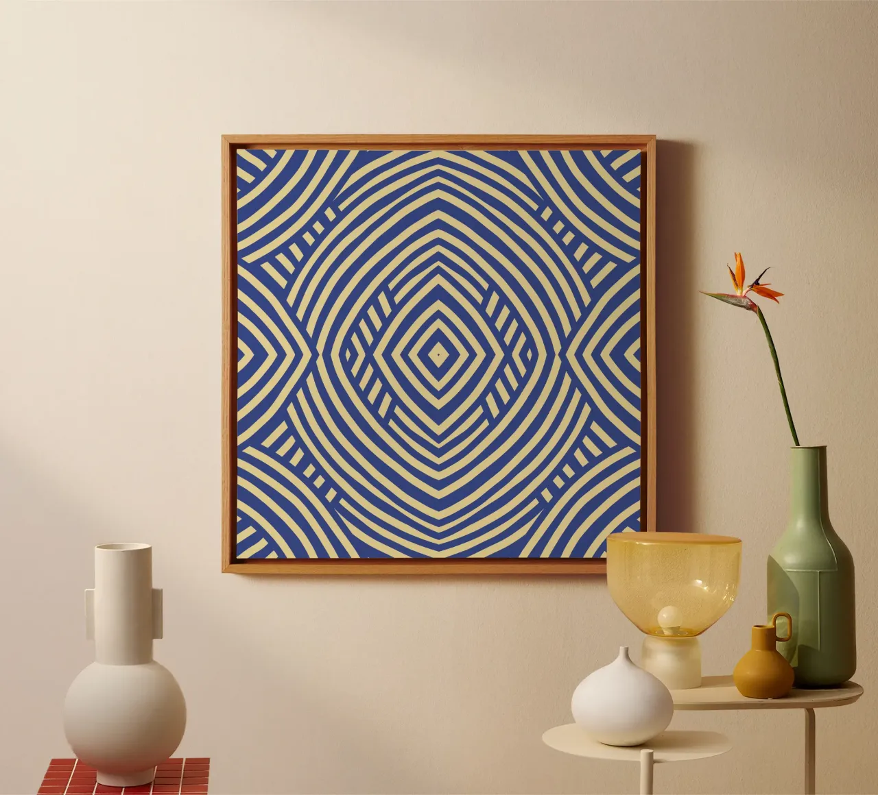 Symmetrical blue and yellow pattern canvas with Floater frame by Little Dean