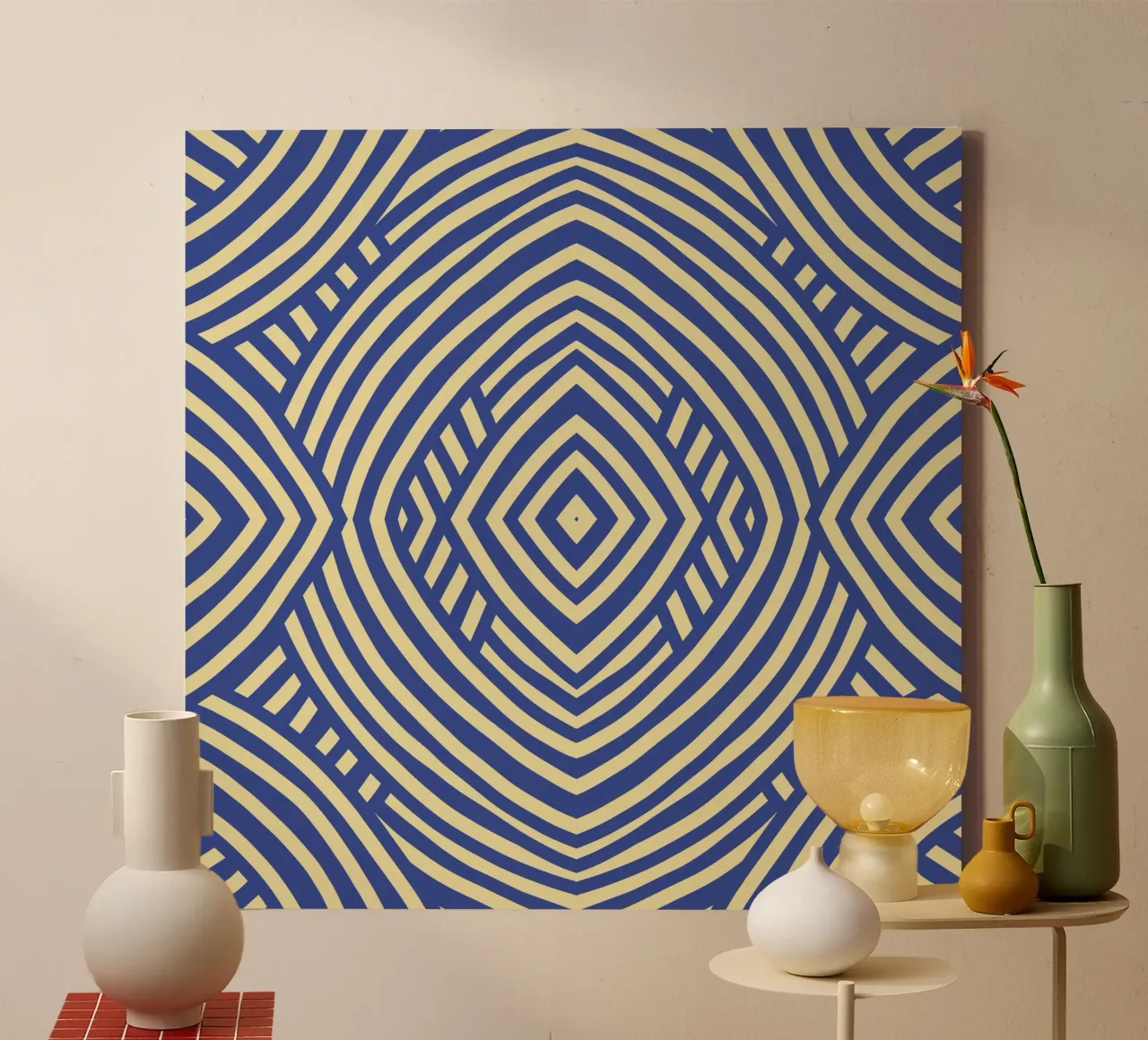 Symmetrical blue and yellow pattern canvas with Floater frame by Little Dean