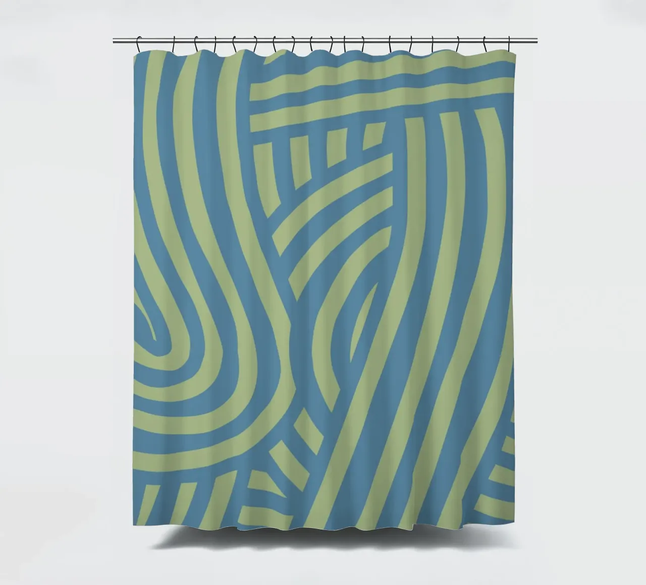 Green and grey blue abstract stripe shower curtain by Little Dean