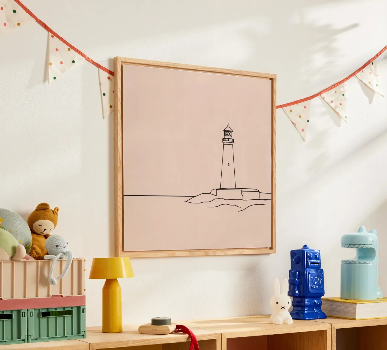 Faro de pie mar en calma al atardecer con suaves olas metacrilato de DesignDoodle