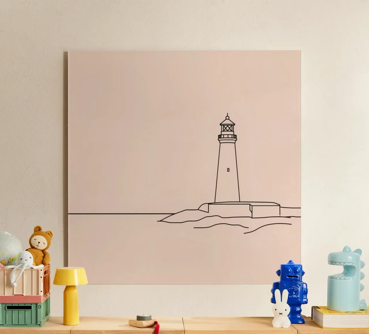 Faro de pie mar en calma al atardecer con suaves olas metacrilato de DesignDoodle