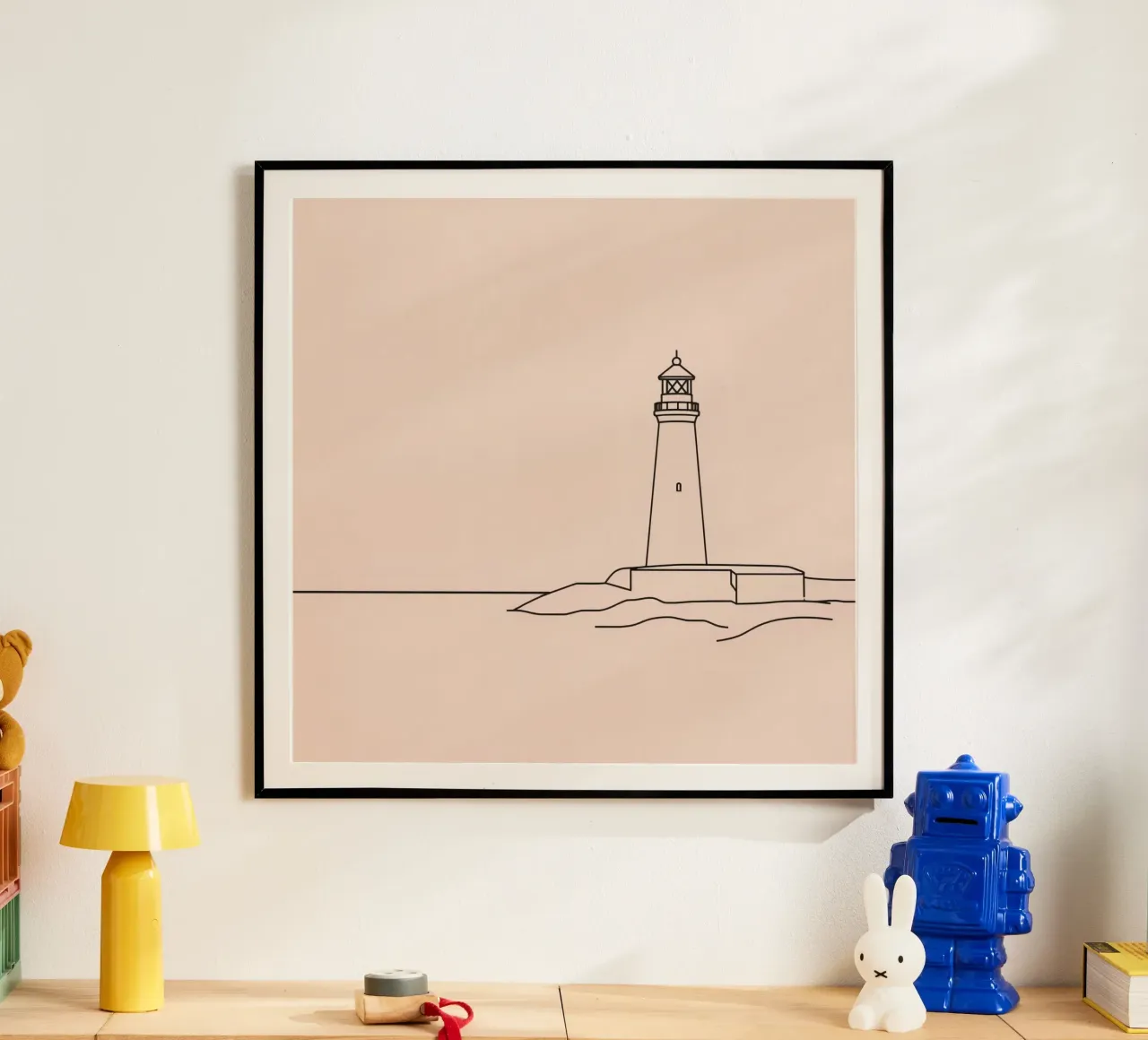 Lighthouse standing calm sea at dusk with gentle waves hahnemühle by DesignDoodle