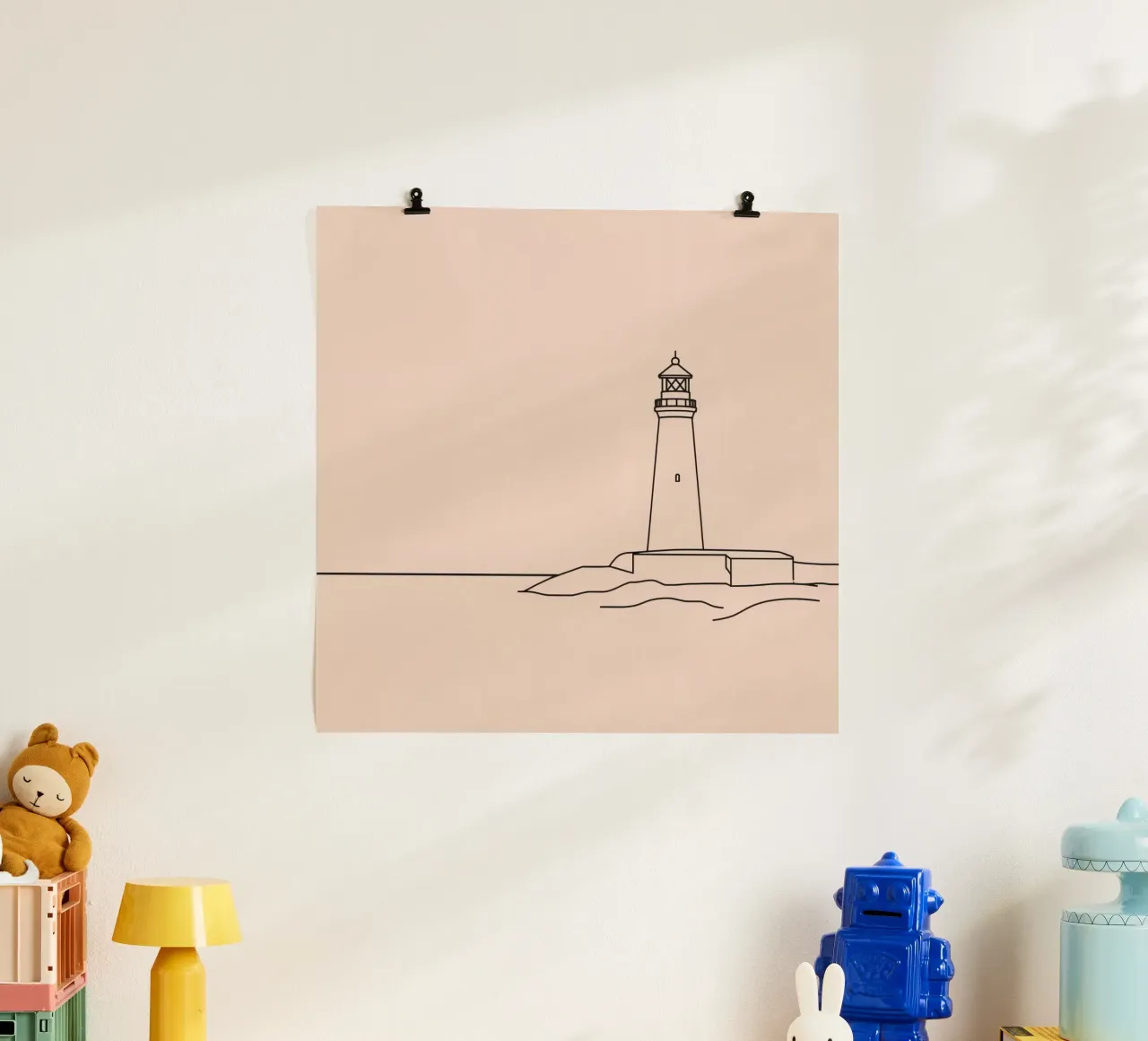 Faro in piedi mare calmo al crepuscolo con dolci onde poster da DesignDoodle