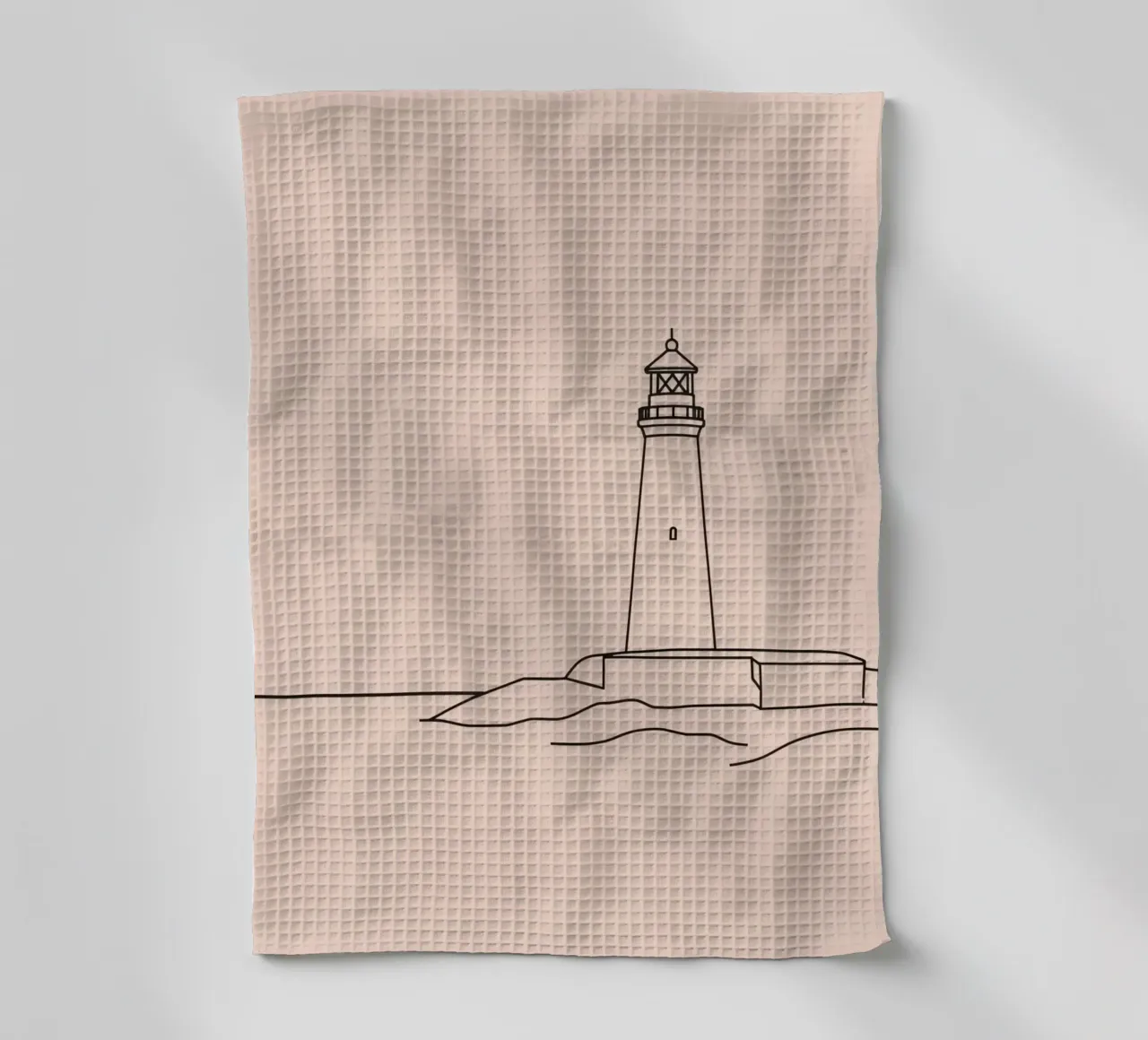 Lighthouse standing calm sea at dusk with gentle waves tea towel by DesignDoodle