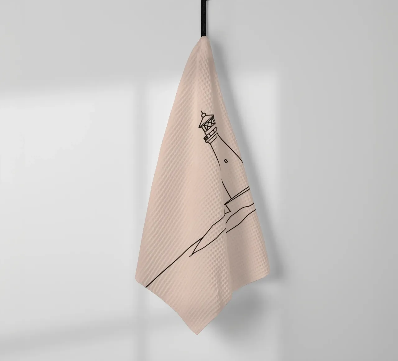 Lighthouse standing calm sea at dusk with gentle waves tea towel by DesignDoodle