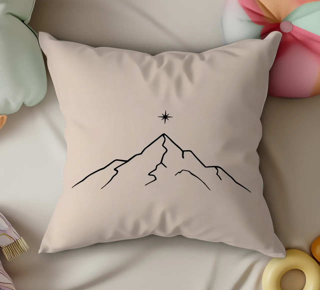 Mountain peak with a star above in a minimalist design decorative cushion by DesignDoodle