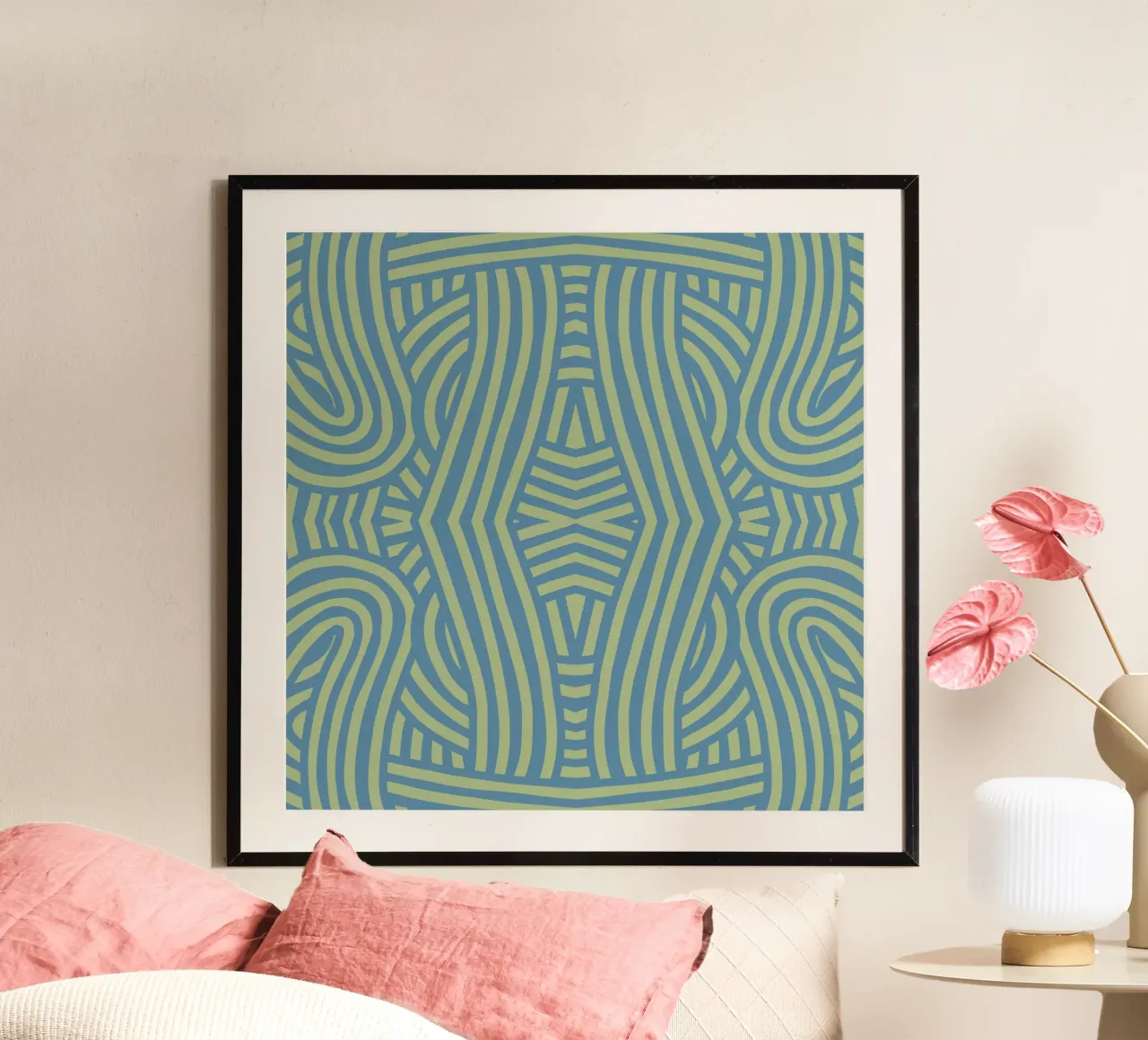 Symmetrical green and grey blue pattern hahnemühle by Little Dean