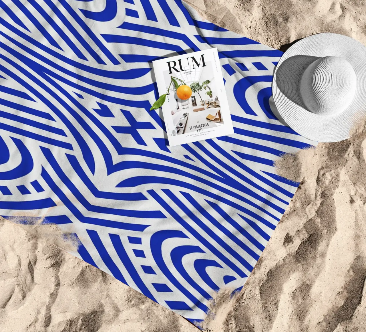 Symmetrical ultramarine and white pattern beach towel by Little Dean