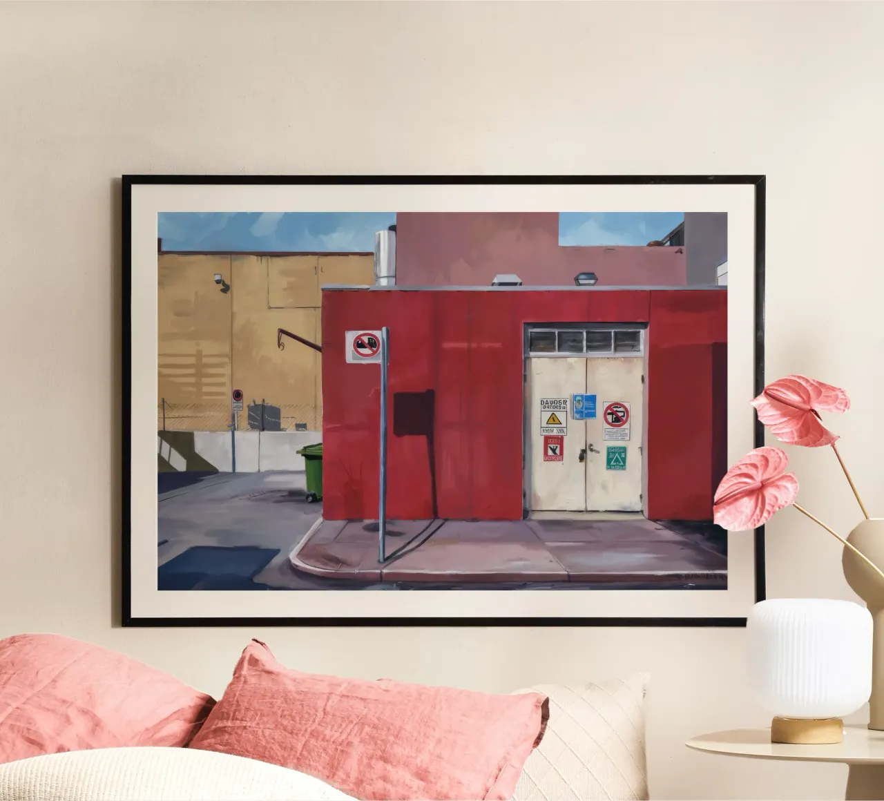 Parete rossa, porta bianca poster con telaio in plastica da Opal Strokes