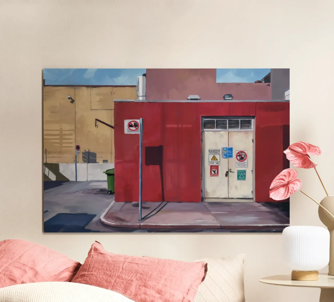 Parete rossa, porta bianca poster con telaio in plastica da Opal Strokes