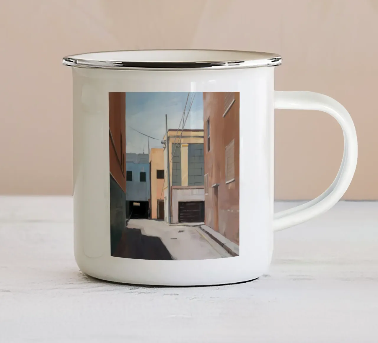Ingresso del vicolo illuminato dal sole tazza in smalto da Opal Strokes