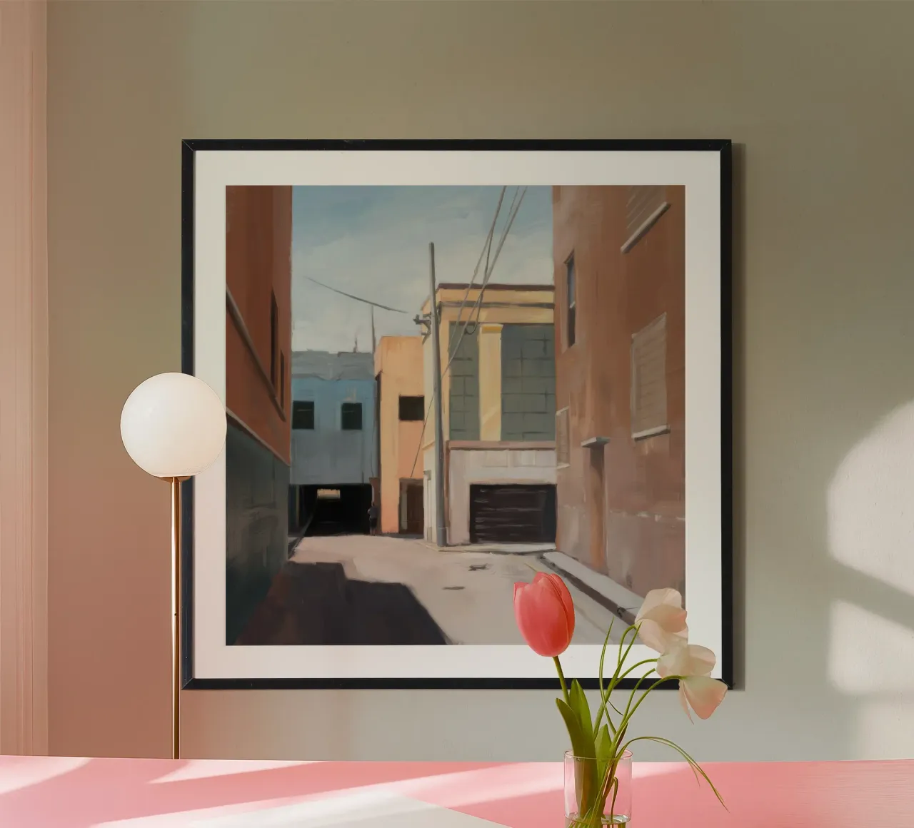 Ingresso del vicolo illuminato dal sole poster con telaio in alluminio da Opal Strokes