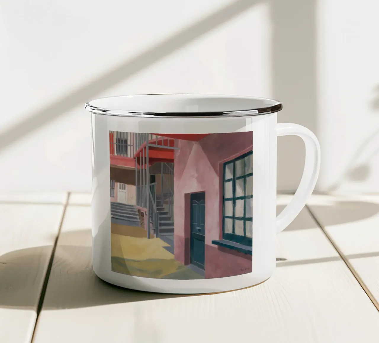 Geometrischer Treppenaufstieg Emaille Tasse von Opal Strokes