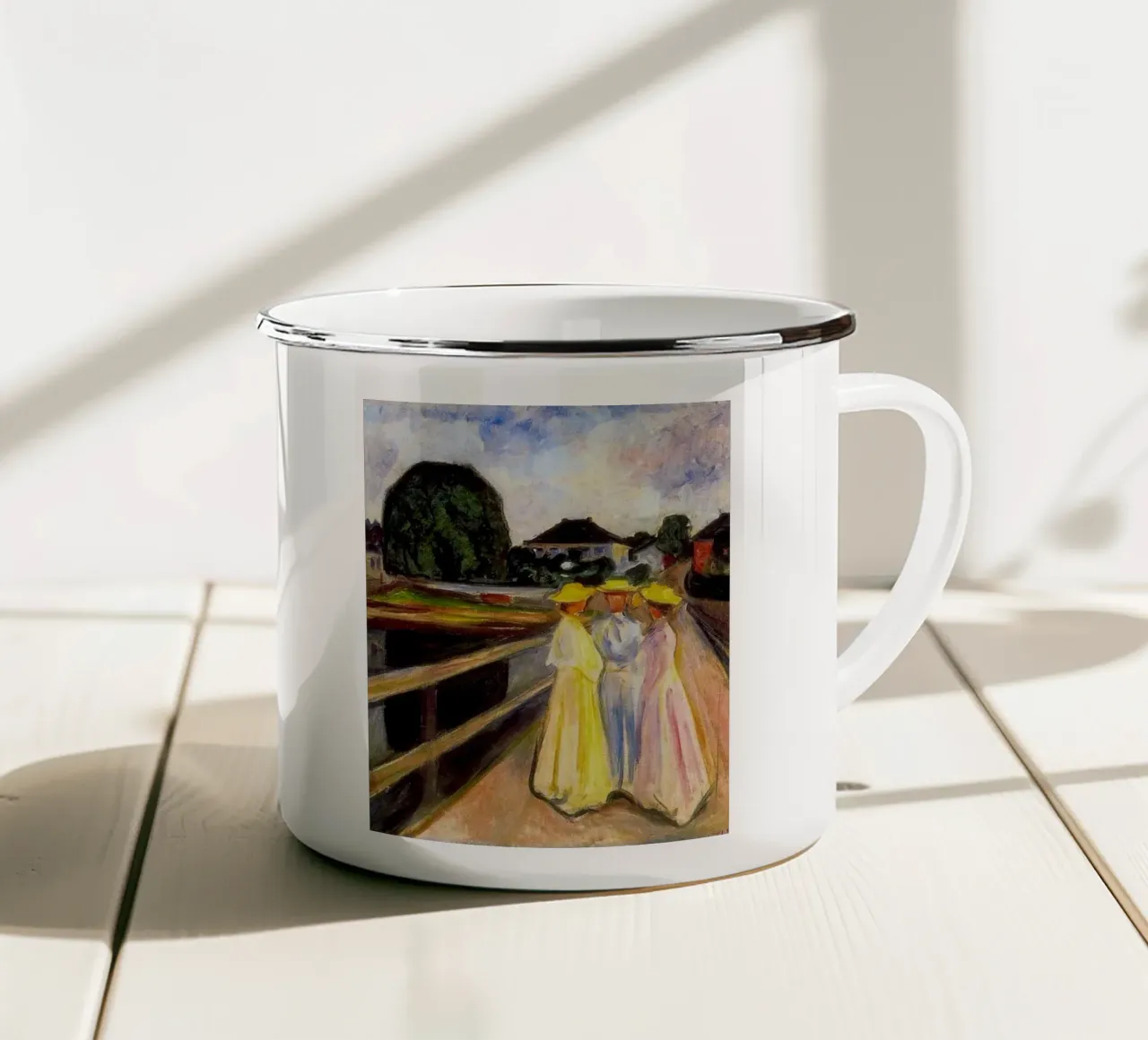 Tre donne che chiacchierano tazza in smalto da Rachel Gallery