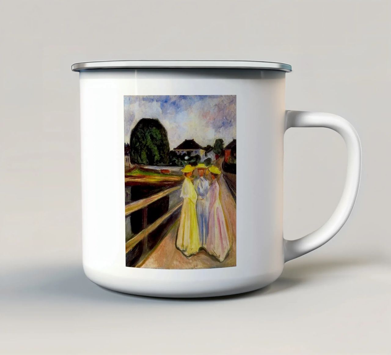 Tre donne che chiacchierano tazza in smalto da Rachel Gallery