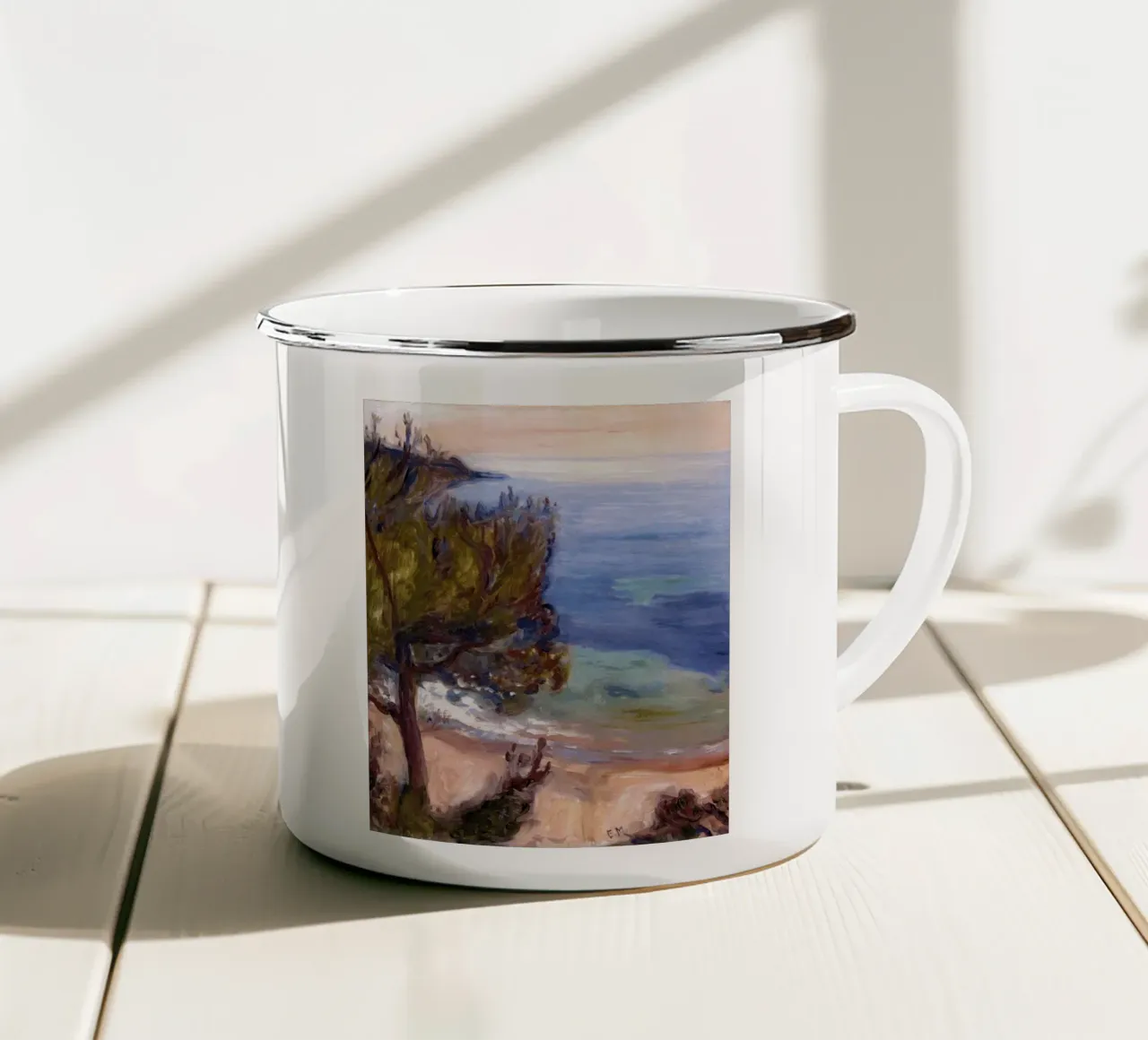 View from the top of the mountain enamel mug by Rachel Gallery