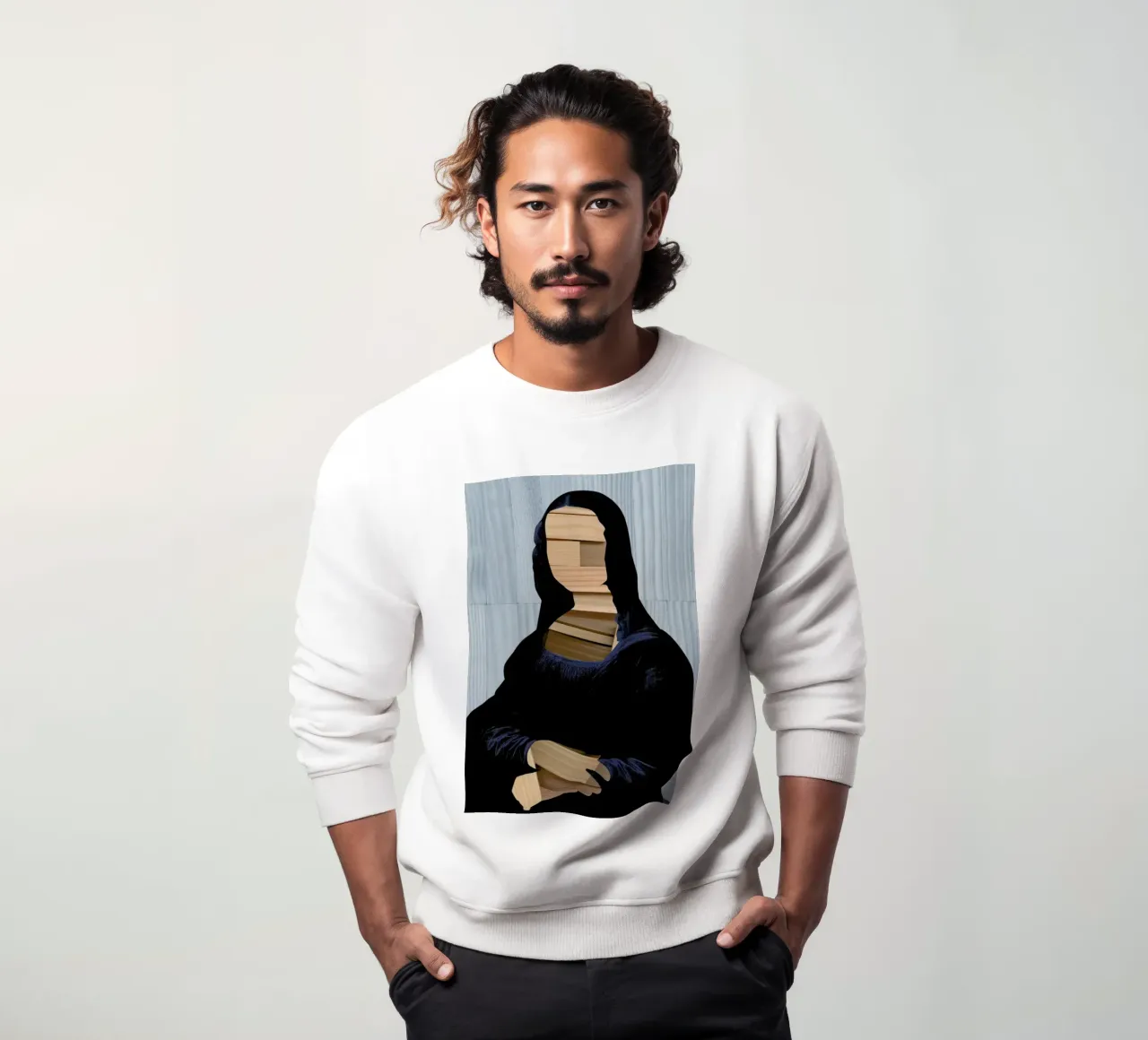 Mona Lisa – blue shining WoodCut Collage sweatshirt by Marko Köppe