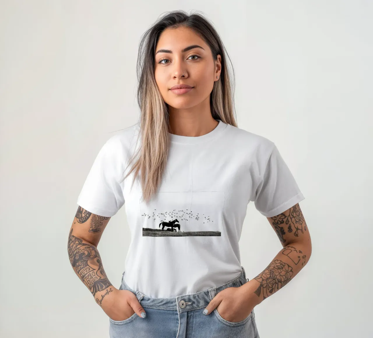 cavalli in campo con uccelli t-shirt da Horsire