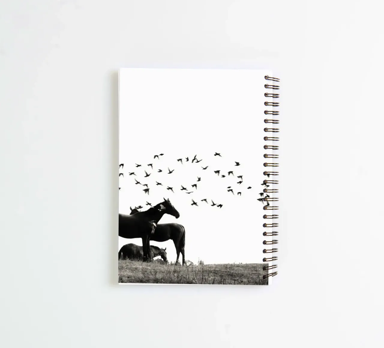 horses in field with birds spiral notebook by Horsire