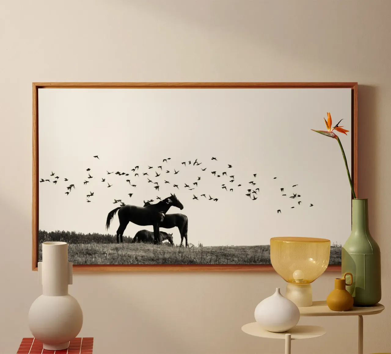 horses in field with birds canvas by Horsire