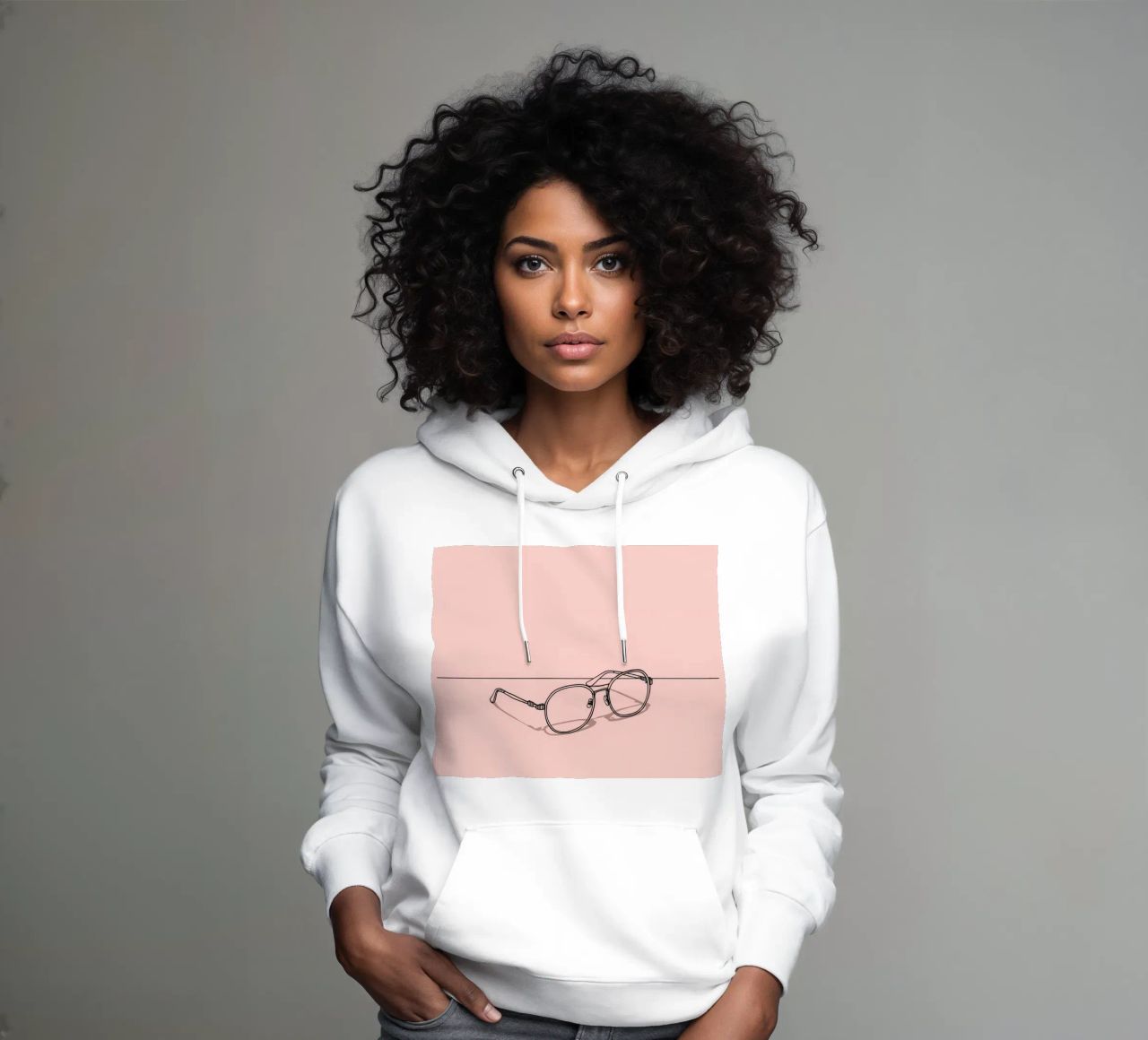 Occhiali alla moda immortalati su uno sfondo rosa minimalista felpa con cappuccio da DesignDoodle